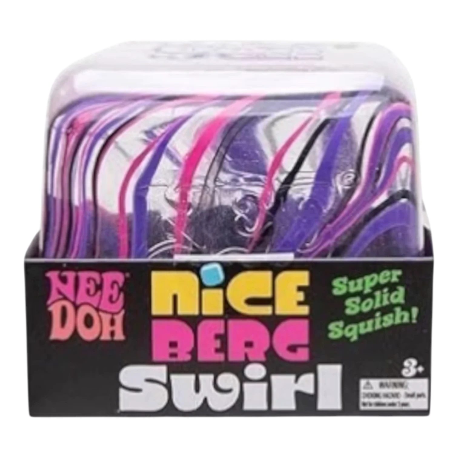 Squish Planet NeeDoh Jumbo Swirl Nice Berg fidget toy with purple, pink, and white swirls. Soft, squishy, slow-rising stress relief toy.